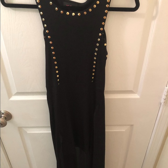 Black high-low mesh halter dress with gold studs - Picture 2 of 3